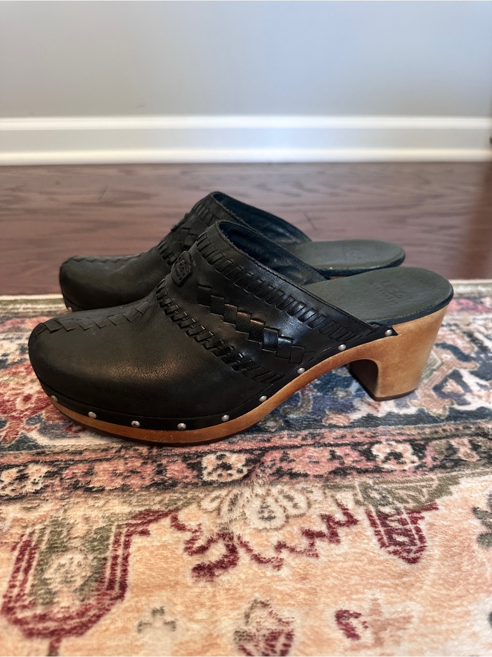 UGG Black Leather Braided Clog Mules with Wood-Tone Heel